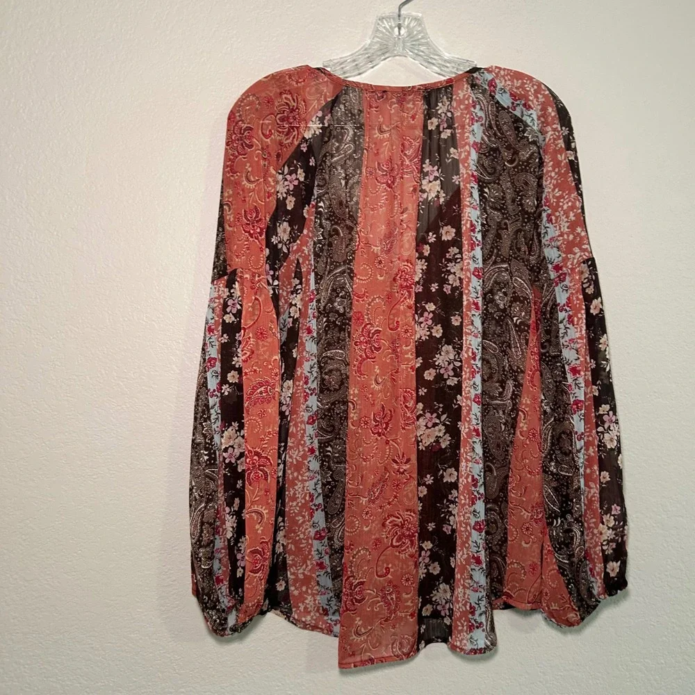 Black Tape Womens Plus 1X Boho Patchwork Paisley Floral Tassel Blouse Orange - Picture 6 of 6
